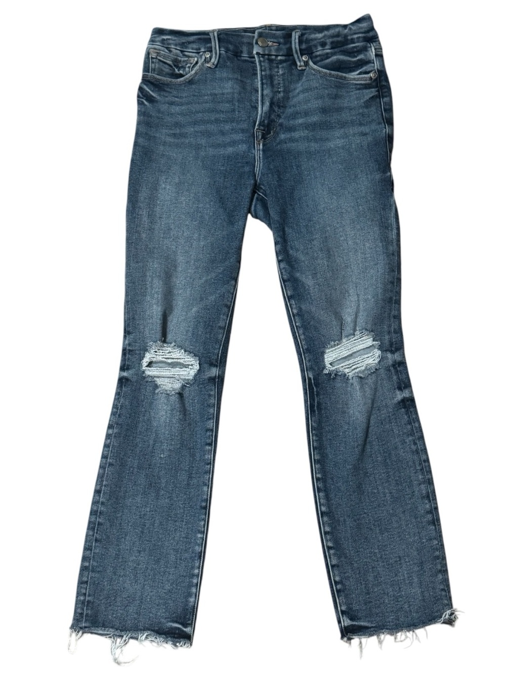 Good American Medium Wash Distressed Skinny Raw Hem Jeans Women’s Size 6/28